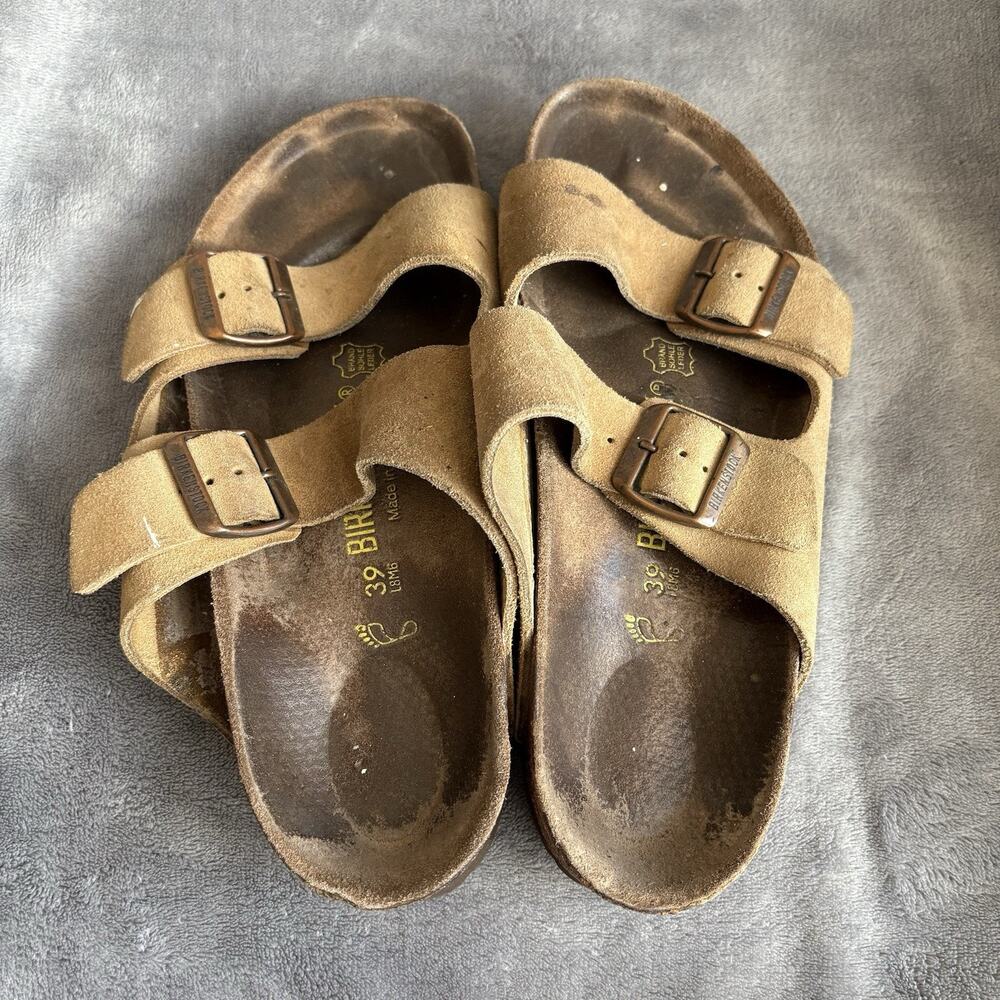 Birkenstock Arizona Taupe Tan Suede Leather Slide Adjustable Sandals EU 39 W8 M6